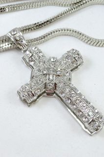   3D Silver Finish Iced Out Holy Cross Pendant Long Franco Chain 36SL