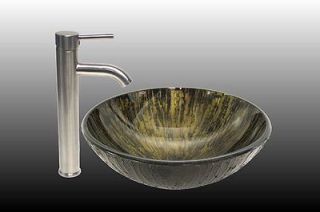 Green Hand Paint Style Tempered Glass Bath Vessel Sink & Brushed 