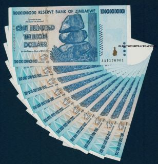 100 TRILLION ZIMBABWE DOLLARS x 10 BANKNOTES CIRCULATED