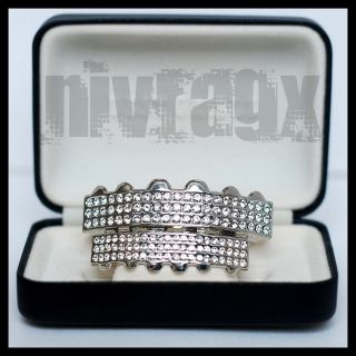 925 Silver Plated 126 CZ 6 Row Iced Out Grillz Teeth Mouth Set Grill 