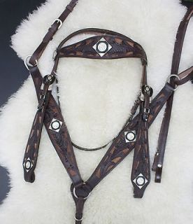 New Horse Bridle Headstall Breast Collar Western Silver Tooled Brn 