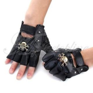   Mens Cool Black Leather Fingerless Motorcycle Fitness Gloves w/ Skull
