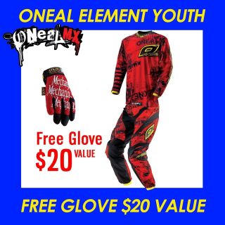 2013 ONEAL ELEMENT TOXIC KIDS PANT & JERSEY W RED GLOVE DIRTBIKE BMX 