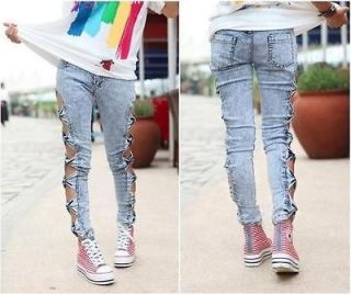   Woman Side Bow Cutout Ripped Denim Sexy Jeans Jeggings 