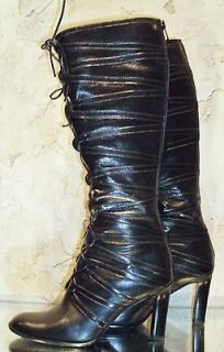 JIL SANDER Boots Black Calf Leather Laces To Top Tall Boots 35.5B