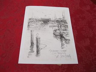 Fishermans Wharf San Francisco 1977 Lithograph Drawing Print Signed 