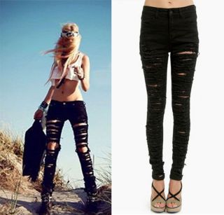NWT BLACK DESTROYED RIPPED HIGH WAISTED STRETCH Skinny Pencil Jeans 