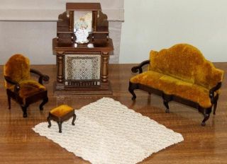   ? wood dollhouse LOT gold velvet carved claw feet couch fireplace mor