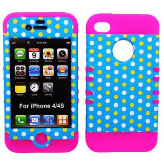 Hybrid Hard Cover For Apple iPhone 4 4S 4GS Polka Dots on Blue & Pink 