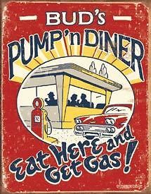   Pump 1950s Diner Tin Sign Antique car Ad USA picture Buds Station USA