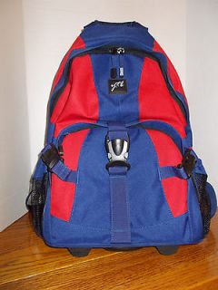 ROLLING BLUE/RED BACKPACK TRAVEL BAG WITH TELESCOPIC HANDLE