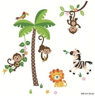   & Stick Removable Nursery Wall Decal Jungle Monkeys, Palm Tree, Lion