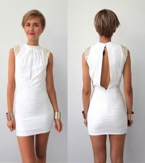 WHITE GRECIAN PLEATED STUD SHOULDER CUT OUT FRONT BACK BODYCON DRESS 6 
