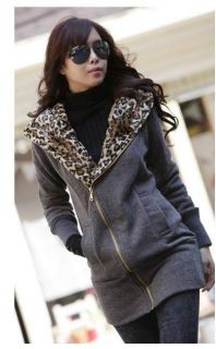 New Ladies Leopard Print Hood Large Lapels Long Zipper Jacket Coat