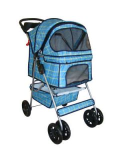 Blue Grid 4 Wheels Pet Dog Cat Stroller w/RainCover