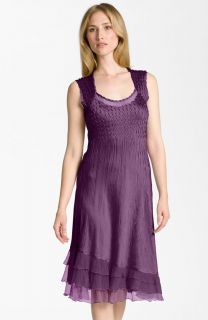 Komarov Purple Cap Sleeve Textured Charmeuse Ruffle Hem Dress M New