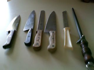 Lot of 5 Vintage Chef/Butcher Knives & 1 Knife Sharpener