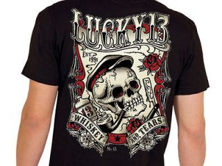 LUCKY 13 WHISKEY AND TEARS PIPE SMOKING SKELETON HEAD PUNK T TEE SHIRT 