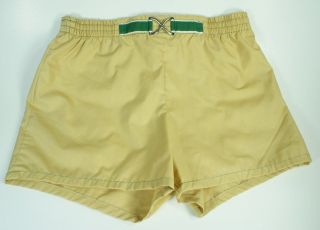 Vtg Jantzen Mens Swimsuit Trunks 36 Shorts tan yellow green belted 