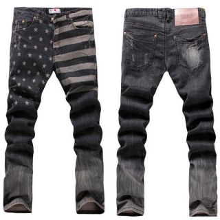 Mens USA National Flag Skinny Slim Washed Denim Jeans Pants Trousers 