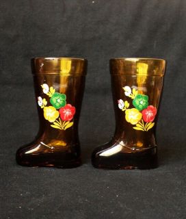 Vintage Italy 2 Dark Amber Boot Shaped Glass of wine, Marked MOD 