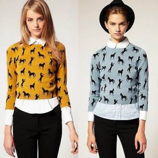 NEW FALL FASHION SIZE XS S WOMEN HORSE PRINT KNITTED SWEATER JUMPER 