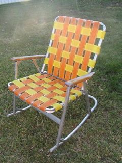 Vintage Rocking Lawn Chair Aluminum Frame Orange & Yellow Webbing 