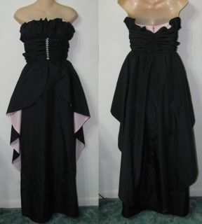 Sz S VTG 80s Black Pink PEPLUM Evening Gown~Formal Dress~Prom~Par​ty 