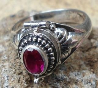 925 Sterling Silver Balinese Box/Locket Ring w Ruby faceted,Size 6,7,8 