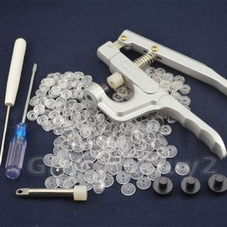 KAM Snap Pliers Kit w/Size 16/20 CLEAR Plastic/Resin Snaps Fasteners 