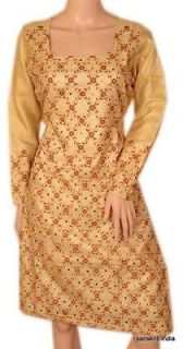 ANTIQUE EMBROIDERED LONG TOP KURTA INDIAN WOMEN DRESS FLORAL PURE SILK 