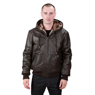 United Face Mens New Brown Hooded Leather Reversible Bomber Jacket M L 