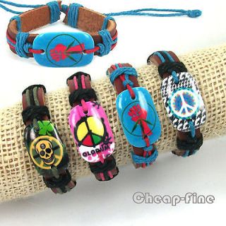   Four Leaf Clover Lucky Skull Peace Acrylic Genuine leather bracelets