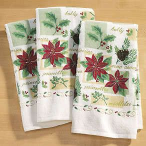   POINSETTIA Hand/Dish Towel Set NEW 3 pcs Holly Holiday Kitchen Towels