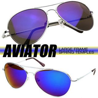   Mirror Reflective Lens Classic Metal Aviator Sunglasses Blue Lens