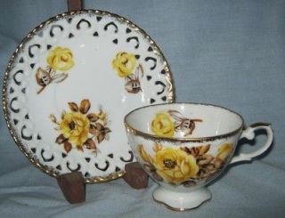 Vintage Grant Crest Fine China Footed Cup Saucer Yellow Royal Rose 