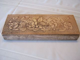 Antique Wooden Victorian Pyrography Glove Box ~ROSES~Floral~​Vintage