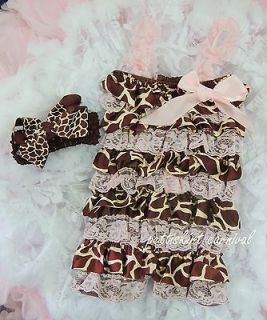 Newborn Baby Light Pink Giraffe Lace Satin Petti Romper Bow Headband 