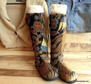 Moccasin Viva Boots in Black, Blue and Tan Balinese Batik, Lace Up 