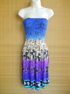 Womens Summer Dress Smock Beach Party Cruise Blue Peacock Feather Sz M
