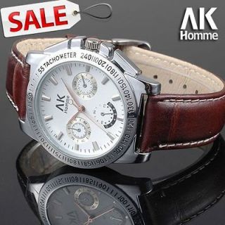   Leather Band AK Homme White dial Quartz mens gift wrist Watch NEW