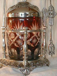 RUBY RED CUT GLASS PICKLE JAR ~ New ~ SILVER PLATE CASTOR & TONGS 