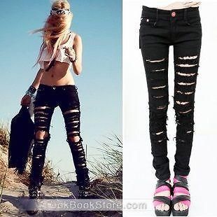 black cut out punk ripped woman jeans jeggings trousers from
