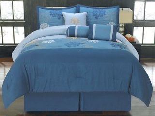   Piece Queen Jacinta Blue Floral Embroidered Bedding Comforter Set