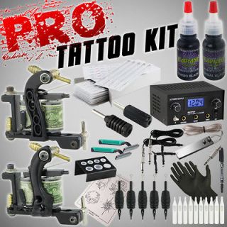   Pro Tattoo Kit Dual Power Supply Machine Gun Outlining Shading Inks
