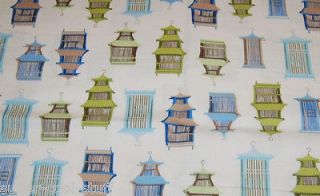 Pagoda Bird Cage Asia Oriental Mod Japan China Cotton Fabric Quilt 