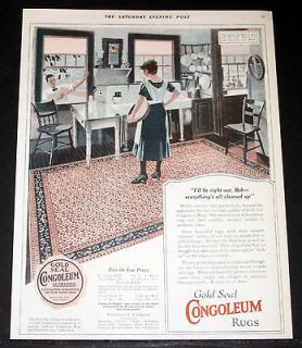 1923 OLD MAGAZINE PRINT AD, CONGOLEUM GOLD SEAL RUGS, 1920S KITCHEN 
