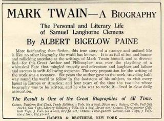 1914 harper bros ad for mark twain a biography time