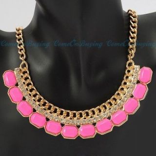   Chain Oblong Hot Pink Resin Beads White Crystal Pendant Necklace