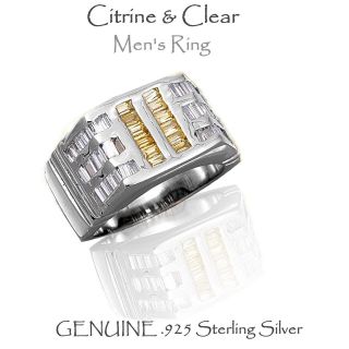 Mens Citrine & Clear CZ Ring Sterling Silver, Sizes 9   14